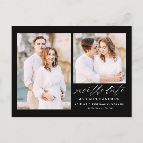 Black  Elegant Script 2 Photo Save the Date Announcement Postcard