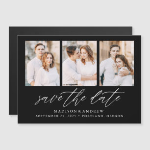 Black Elegant Script 3 Photo Collage Save the Date Magnetic Invitation