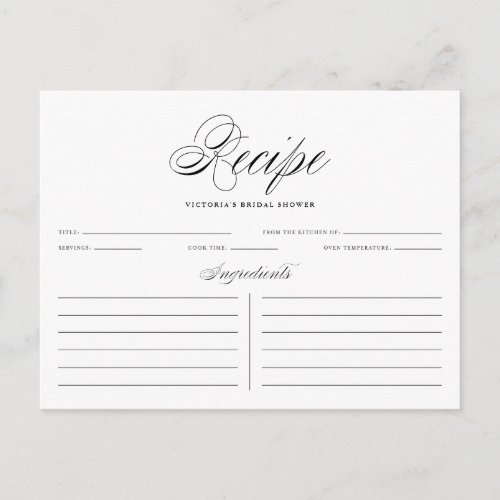 Black Elegant Script Bridal Shower Recipe Card