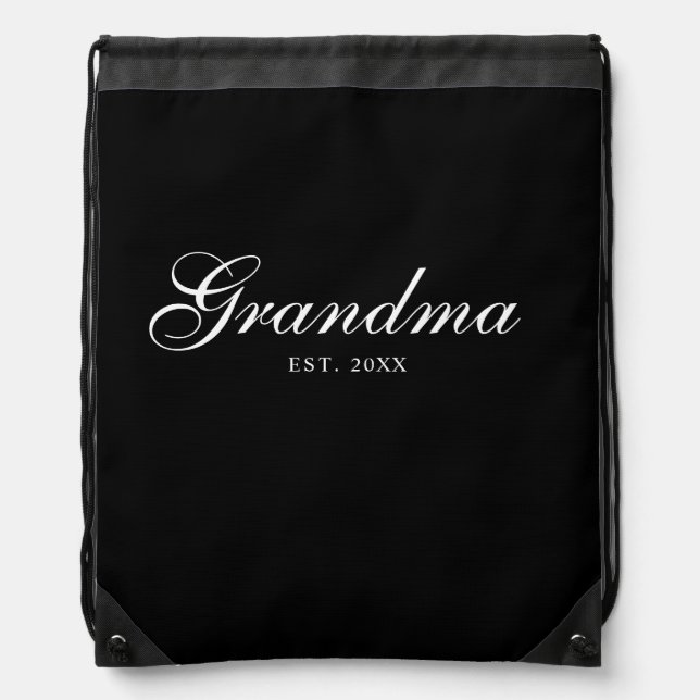Black Elegant Script Established Grandma Drawstring Bag (Front)