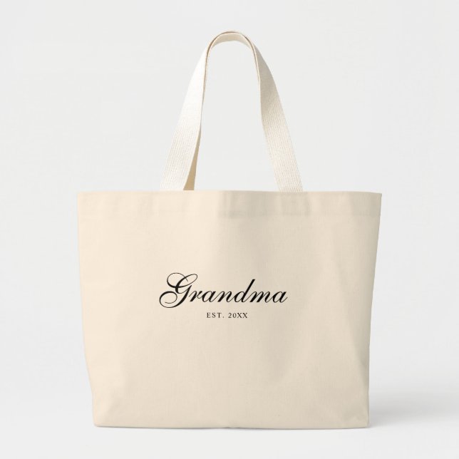 Black Elegant Script Established Grandma Large Tote Bag (Front)