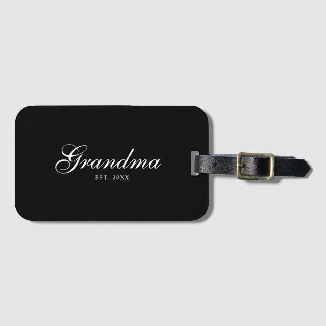 Black Elegant Script Established Grandma Luggage Tag (Front Horizontal)