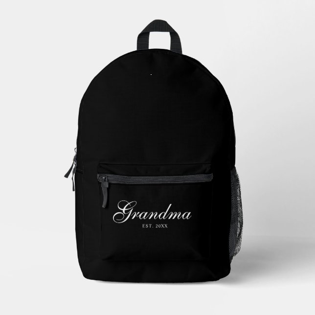 Black Elegant Script Established Grandma Printed Backpack (Front)