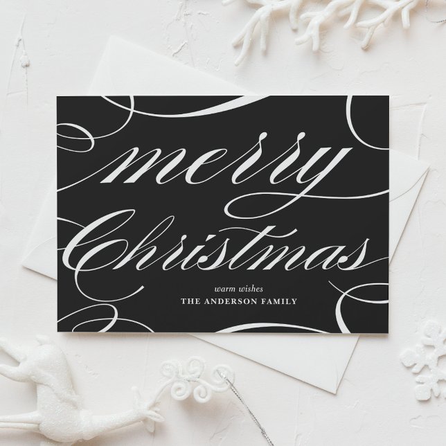 Black Elegant Script Flourish Merry Christmas Holiday Card (Creator Uploaded)