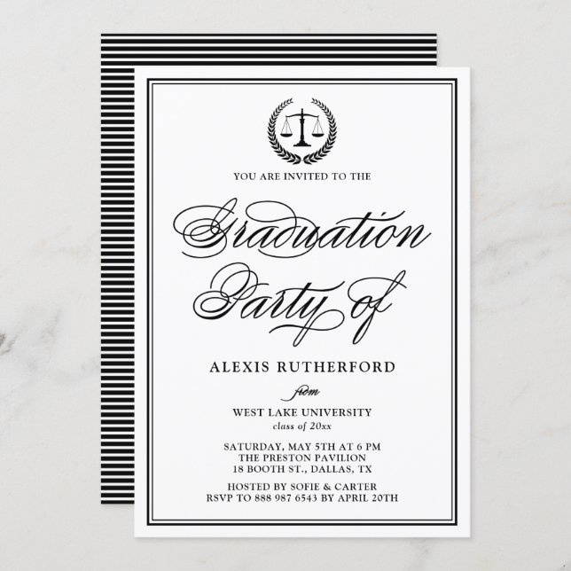 Black Elegant Script Law School Graduation Party Invitation (Front/Back)