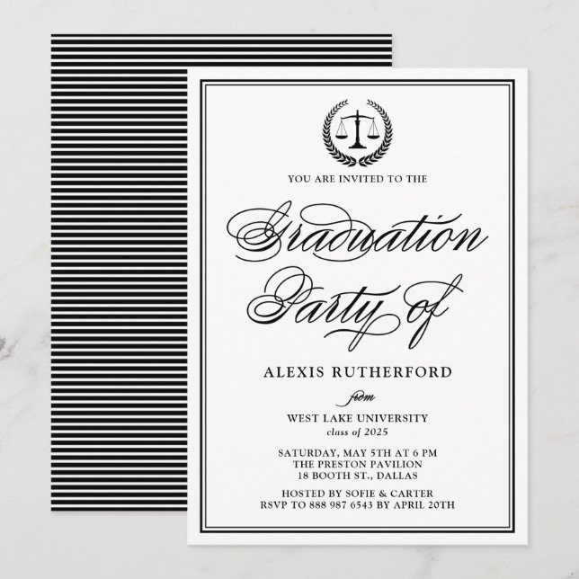 Black Elegant Script Law School Graduation Party Invitation (Front/Back)