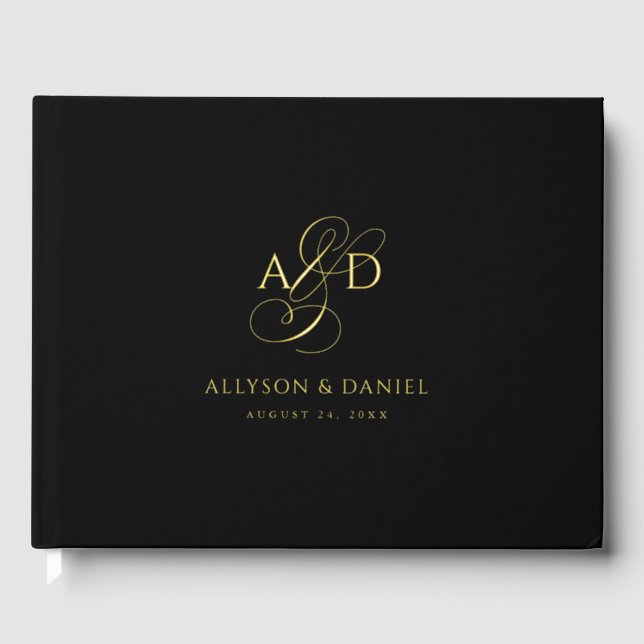 Black Elegant Script Monogram Classic Wedding Foil Guest Book (Front)