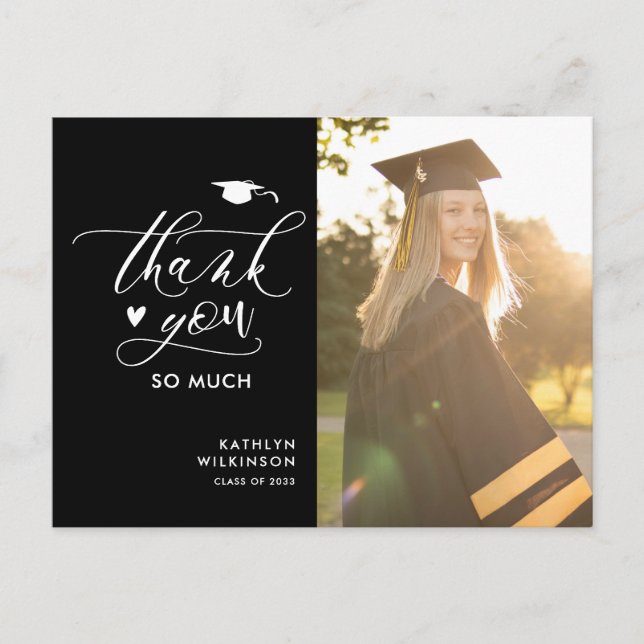Black Elegant Script Photo Graduation Thank You Postcard (Front)