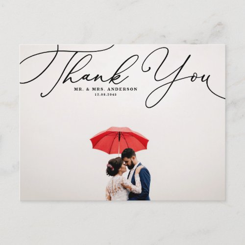 Black Elegant Script Photo Wedding Thank You Postcard