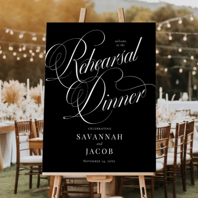 Getting Dinner Sign Black Elegant Script Rehearsal Dinner Welcome Sign | Zazzle