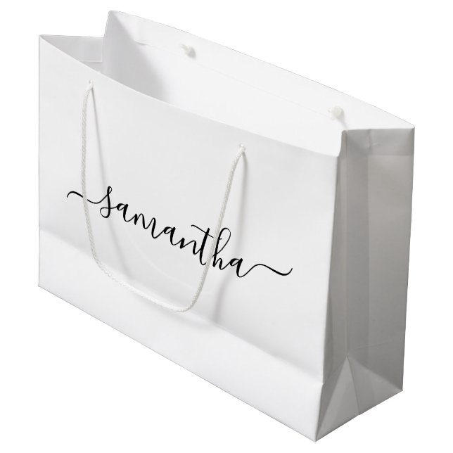 Black Elegant Script Signature Name Large Gift Bag (Front Angled)