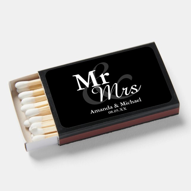Black Elegant Script Wedding Favor Matchboxes (Front Open)
