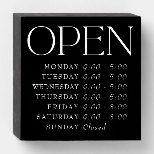 Black Elegant Serif Retail Open Store Hours Wooden Box Sign