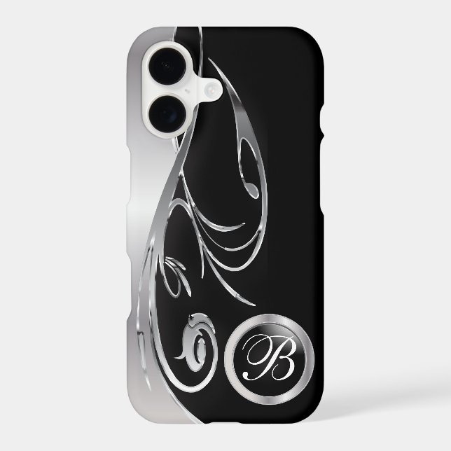 Black & Elegant Silver Metallic Print | Monogram Case-Mate iPhone Case (Back)