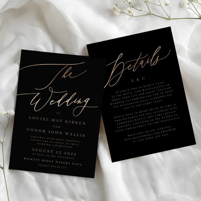 Black Elegant Simple Gold Details on back Wedding Invitation