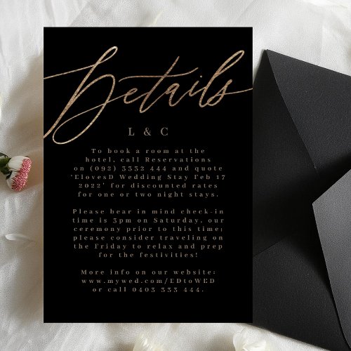 Black Elegant Simple Gold Wedding Details Card