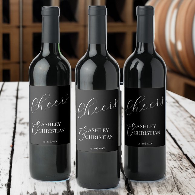 Black elegant simple wedding favor printed wine label (Black elegant simple minimalist monogram wedding favor printed wine label personalized favors)