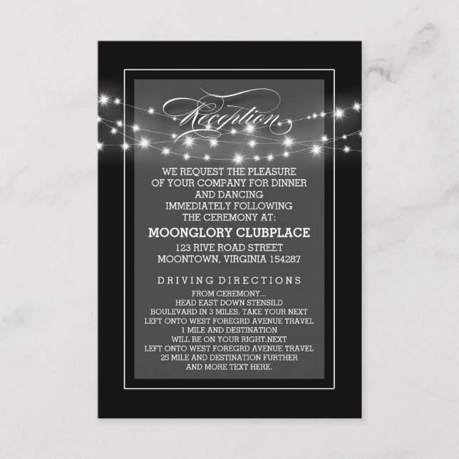 Black elegant string lights reception cards (Front)