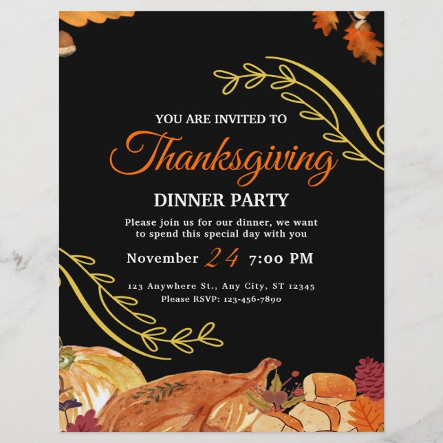 Black Elegant Thanksgiving dinner party Printable Flyer (Front)