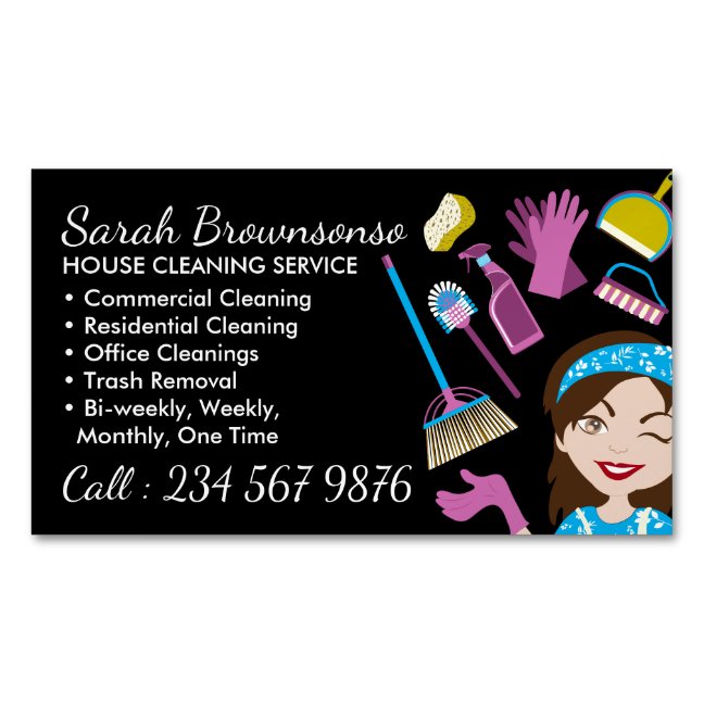 Black Elegant Tile Maid House Cleaning Service Business Card Magnet