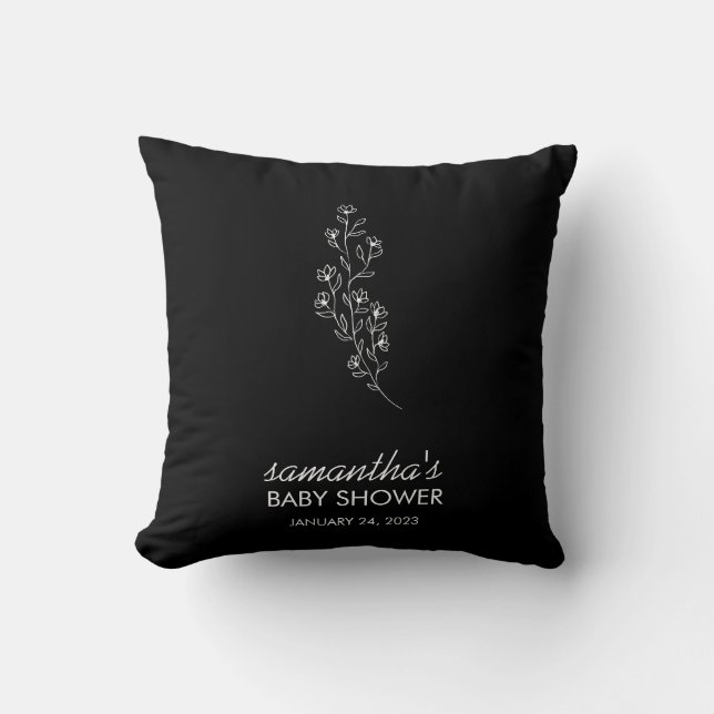 Black Elegant Tiny Handdrawn Sketch Flower Throw Pillow (Front)
