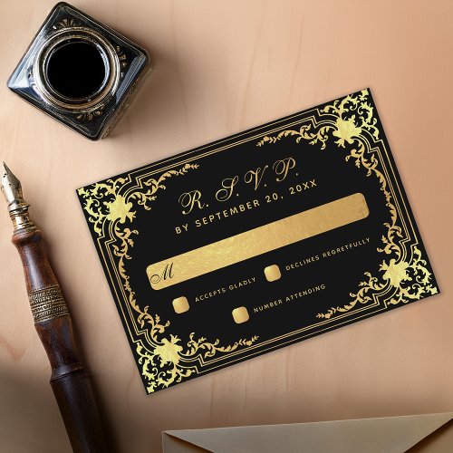 Black Elegant Vintage Faux Gold Foil Wedding  RSVP Card