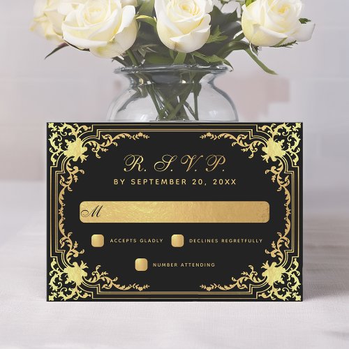 Black Elegant Vintage Faux Gold Foil Wedding  RSVP Card