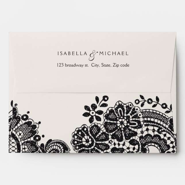 Black elegant vintage lace wedding return address envelope (Back (Top Flap))