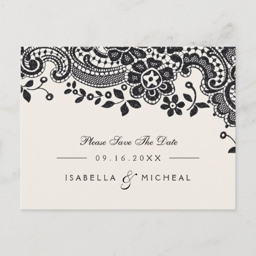 Black elegant vintage lace wedding save the date announcement postcard