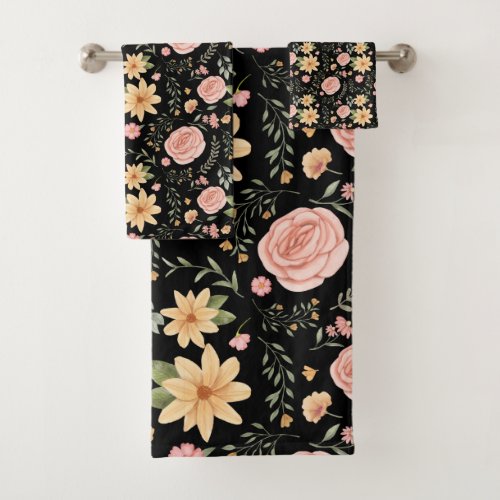 Black Elegant Vintage Wildflower Rose Pattern  Bath Towel Set