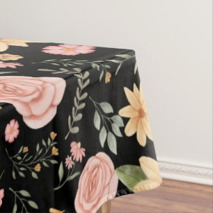 Black Elegant Vintage Wildflower Rose Pattern Tablecloth