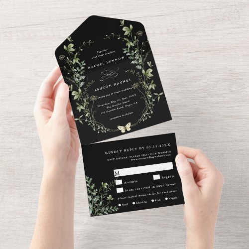 Black Elegant Watercolor Wildflower Wedding All In One Invitation