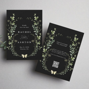 Black Elegant Watercolor Wildflower Wedding Save The Date by cardsbyflora at Zazzle