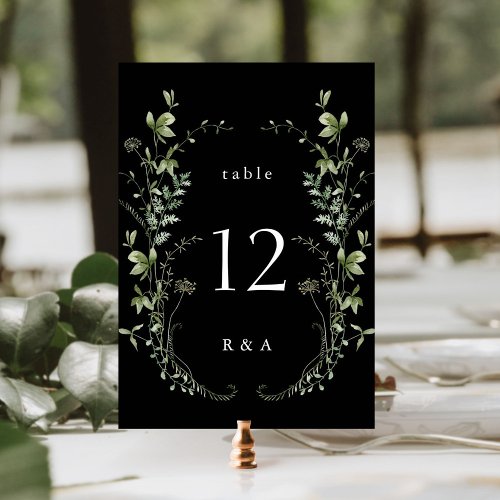 Black Elegant Watercolor Wildflowers Wedding Table Number