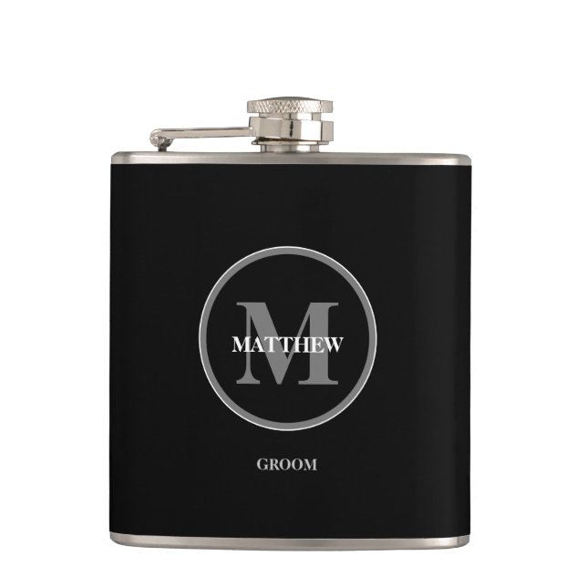 Black elegant Wedding Monogram GROOM Flask (Front)