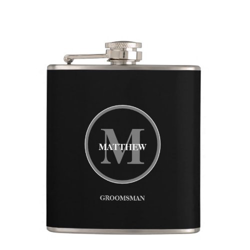 Black elegant Wedding Monogram Groomsman Flask