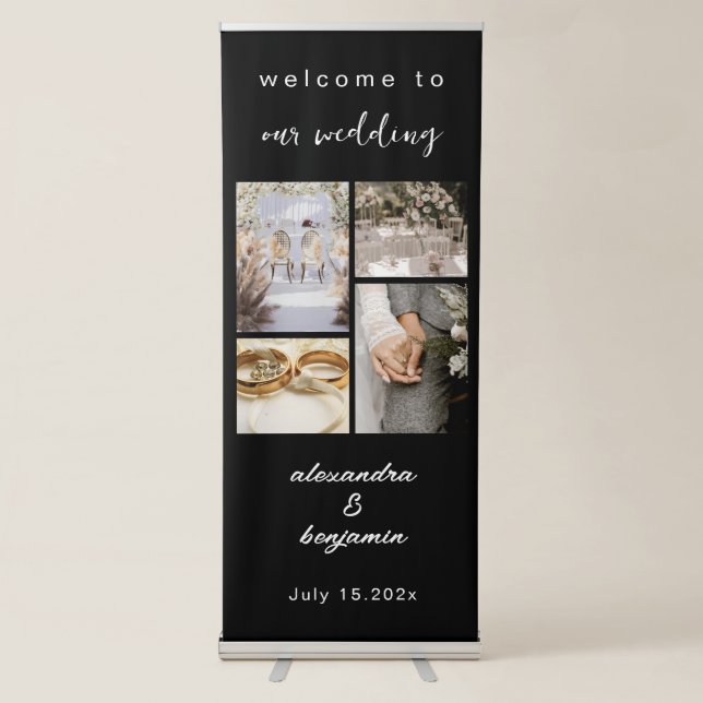 Black Elegant Wedding Welcome Photo Collage Retractable Banner (Front)