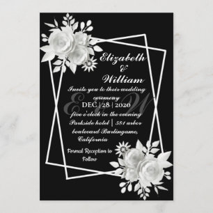 Black Elegant White Floral Wedding Invitation
