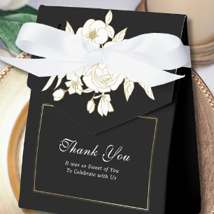 Black Elegant White Gold Floral Script Wedding Favor Boxes
