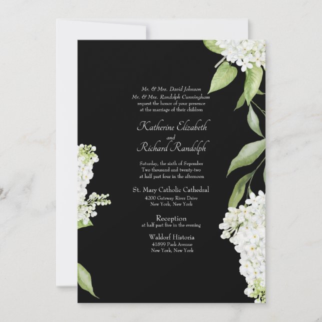 Black Elegant White Hydrangea White Text Wedding  Invitation (Front)
