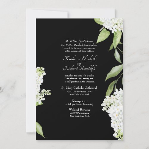 Black Elegant White Hydrangea White Text Wedding  Invitation