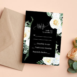 Black Elegant White Roses Wedding RSVP Card