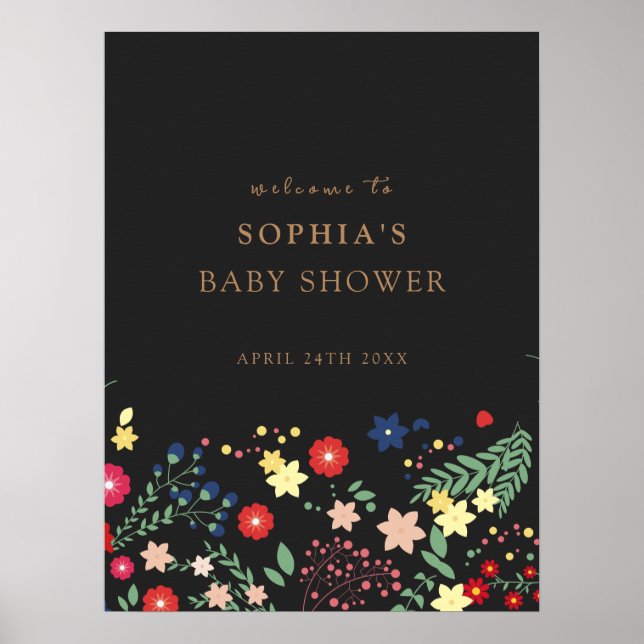 Black Elegant Wildflower Baby Shower Welcome   Poster (Front)