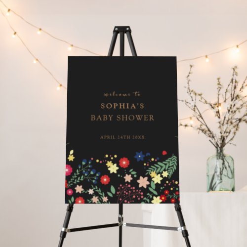 Black Elegant Wildflower Baby Shower Welcome Sign 