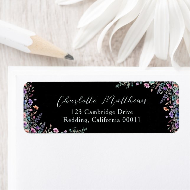 Black Elegant Wildflower Floral Script Wedding Label (Insitu)