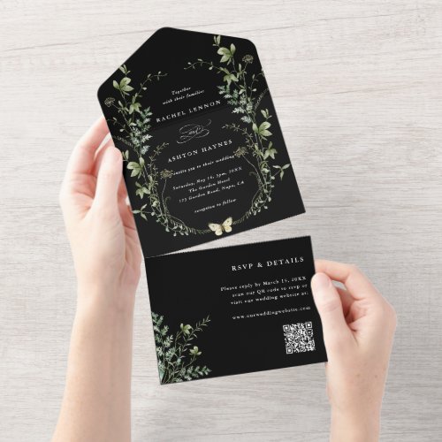 Black Elegant Wildflower QR Code Wedding  All In One Invitation