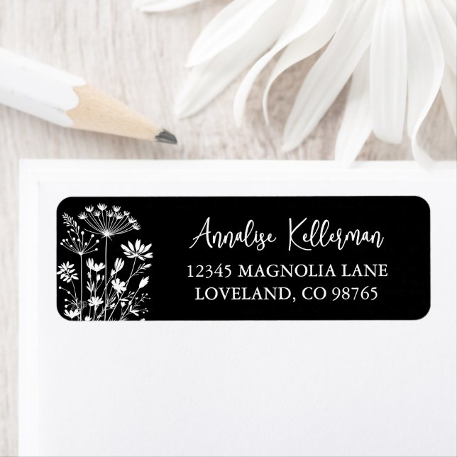 Black Elegant Wildflower Return Address Label (Insitu)
