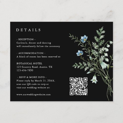 Black Elegant Wildflower Wedding Details  Enclosure Card