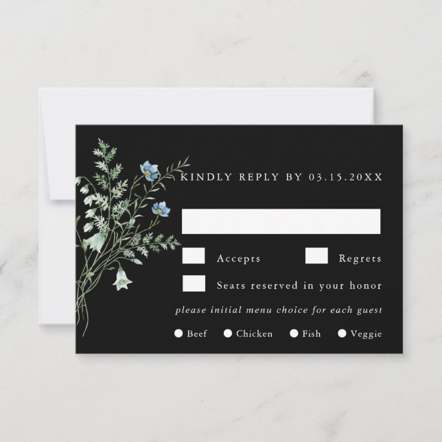 Black Elegant Wildflower Wedding Meal Choice RSVP (Front)