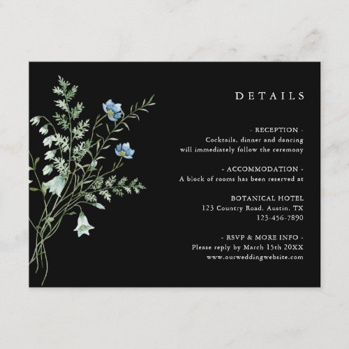 Black Elegant Wildflowers Wedding Details  Enclosure Card
